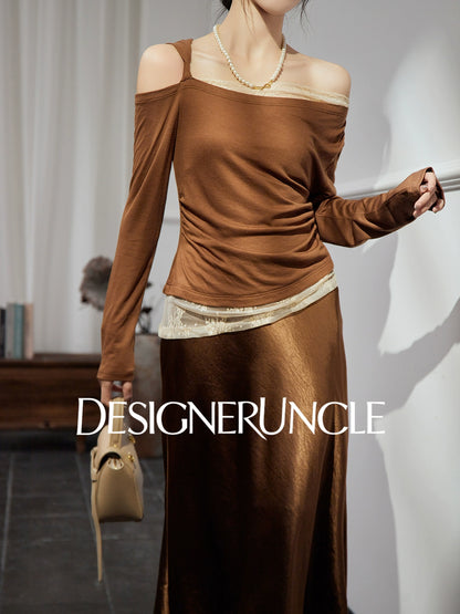 DGU "Twilight" coffee lace contrasting retro loose slimming temperament top - STRAT.