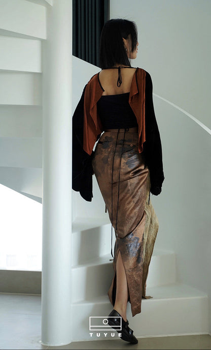 TUYUE Handmade Tie-Dye Linen Acetate Satin Straight Skirt- GANDALF.