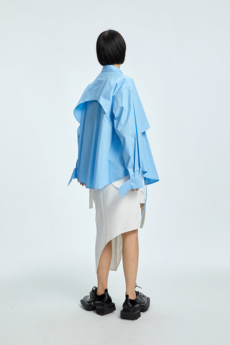 TINY IN  two irregular drawstrings waist cinching blue white shirts-DANTE
