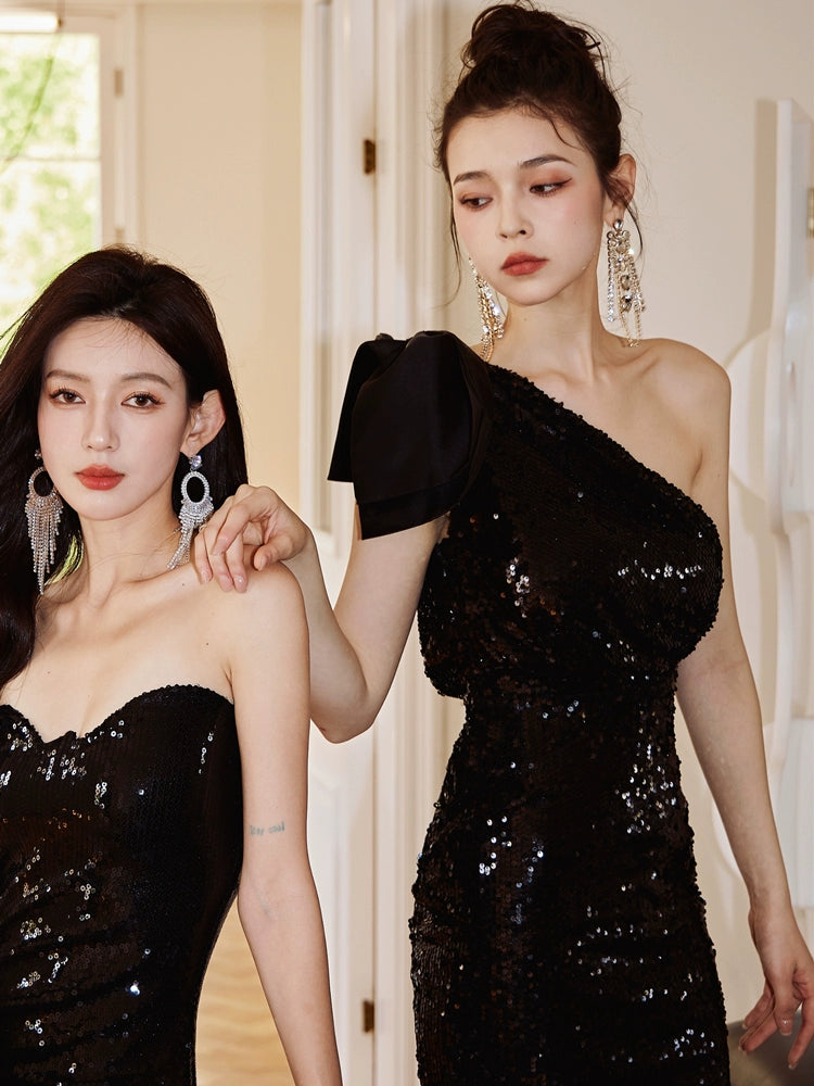 DOLLY Elegant Black Sleeveless Bow One Shoulder Slim Fit Short Dinner Date Dress-LUISA