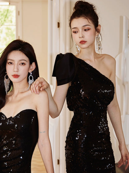 DOLLY Elegant Black Sleeveless Bow One Shoulder Slim Fit Short Dinner Date Dress-LUISA