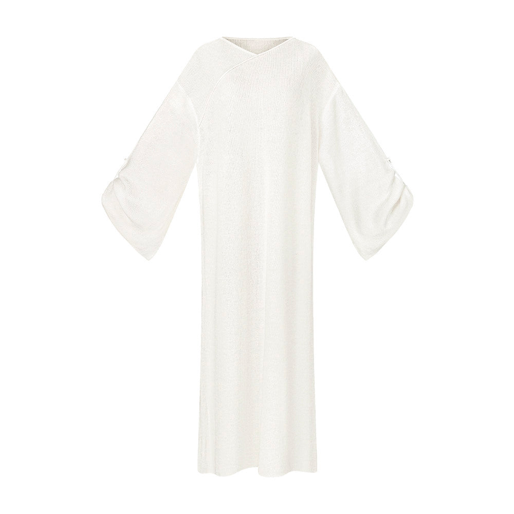 TUYUE Wool Crew Neck Slanted Placket Long Sleeve Knitted Dress - MARIA.