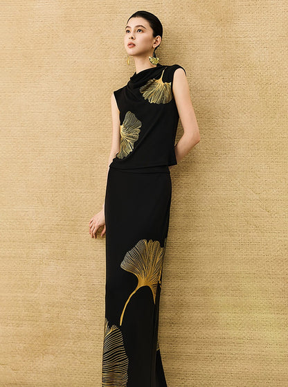 HECO Chinese Draped Summer Heavy Industry Ginkgo Biloba Print Slim Skirt - COLS.