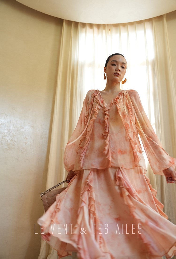 LE VENT& TES AILES Spring summer elegant multicolor silk smudged floral shirt skirt-ENE