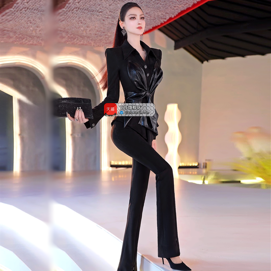 VJE Flower Top Flared Pants Two-Piece Splicing Set - SAXS.