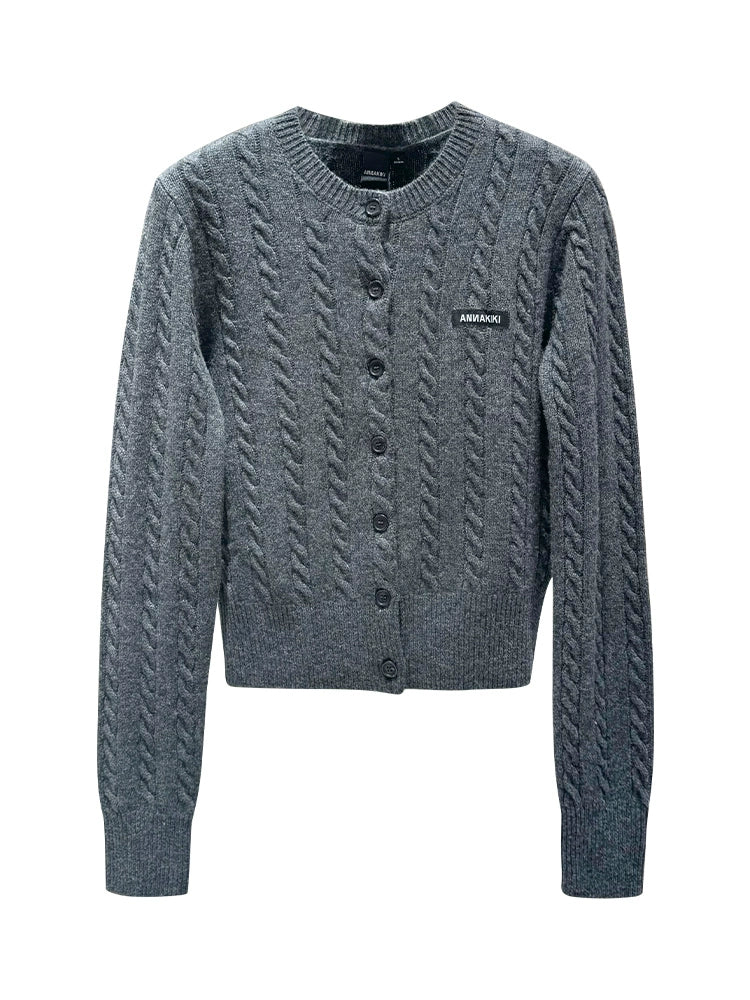 ANNAKIKI furry crew neck slim sheep knitted cardigan sweater-RIN