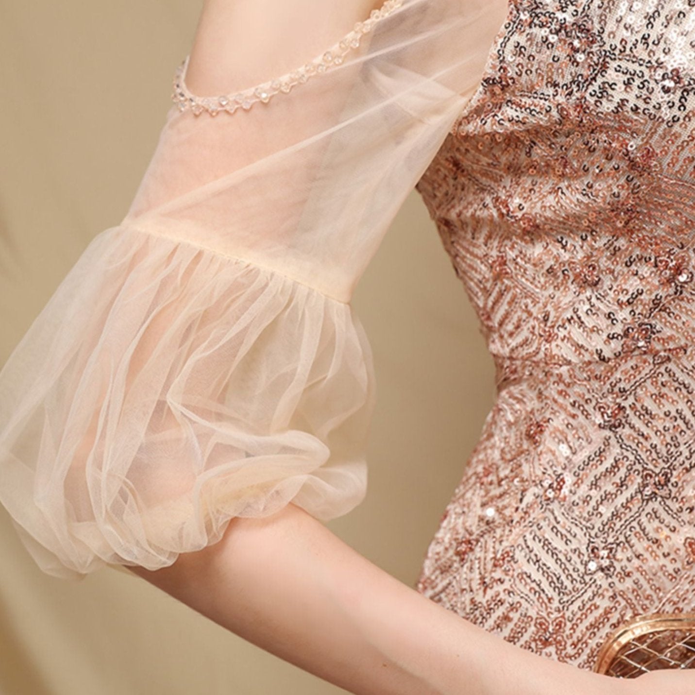 DOLLY Elegant Black Glitter Mesh Long Puff Sleeve Sequin Evening Dress-NUNU