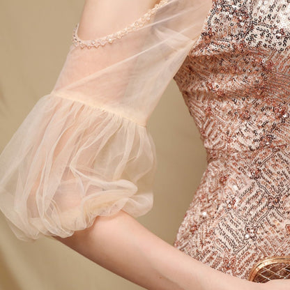 DOLLY Elegant Black Glitter Mesh Long Puff Sleeve Sequin Evening Dress-NUNU