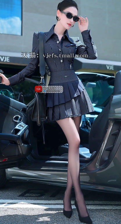 VJE Striped Shirt Pleated Short Skirt Two-Piece Suit Set - PAPA.