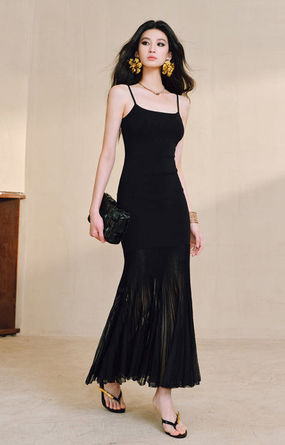 WANGXO | High-Quality Linen Tulle Temperament Suspender Fishtail Dress-LÉYA.