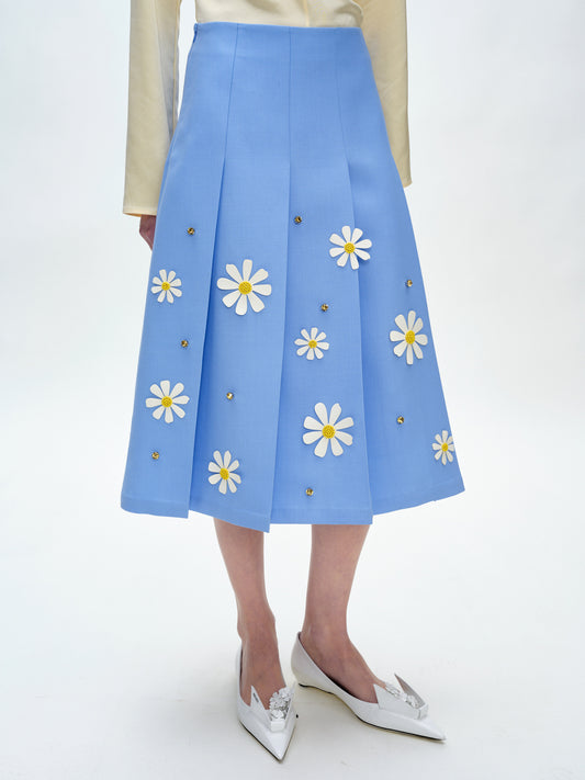 SERRER Small daisy flower hand-studded beaded light blue pleated skirt - AISHA.