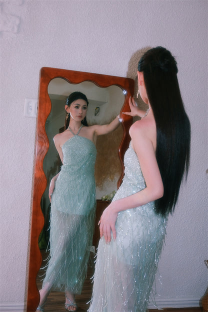 Wardrobes by Chen Elegant Green Halter Tassel cocktail party Dress-Zen