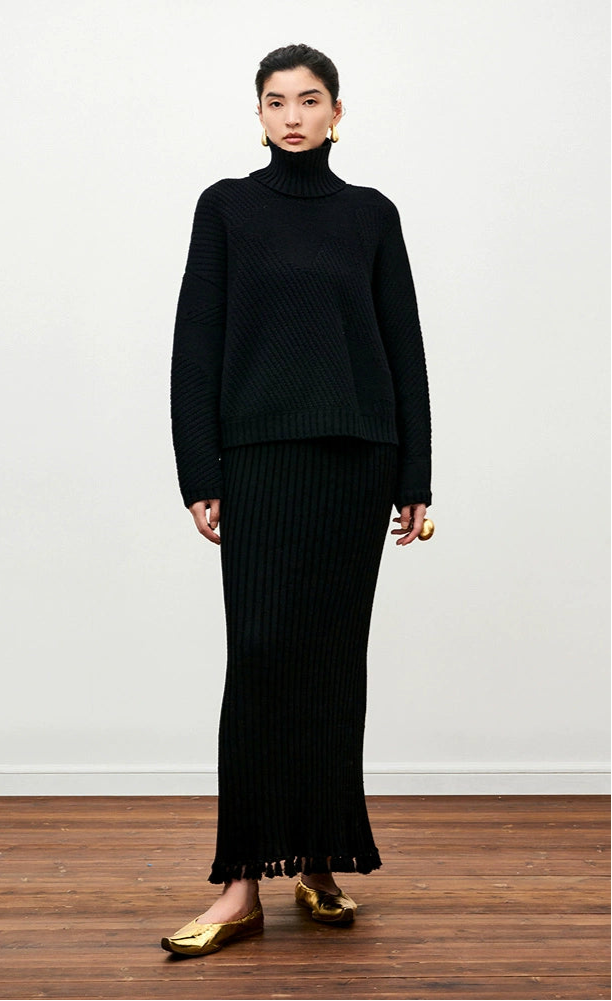 ZHUCHONGYUN Black Coarse Stitch Ribbed Turtleneck Sheep Wool Knit Top-NODA.