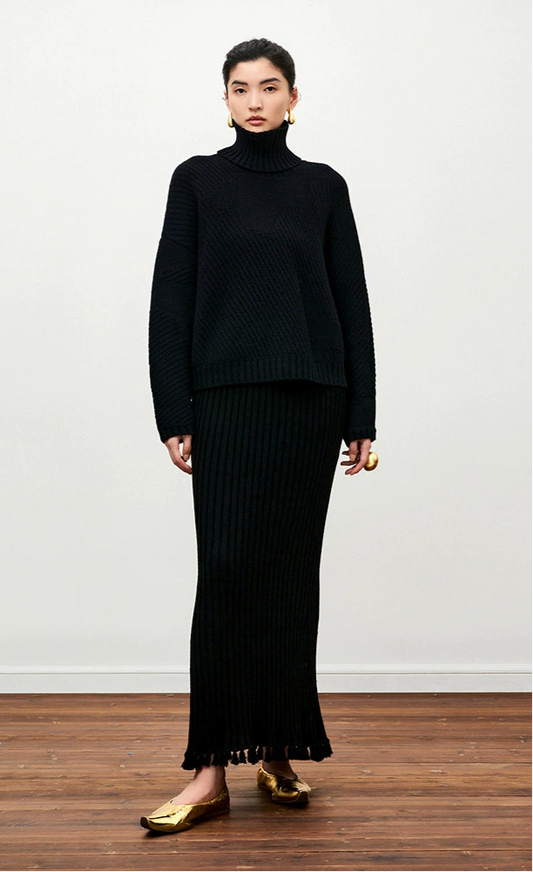 ZHUCHONGYUN Black Coarse Stitch Ribbed Turtleneck Sheep Wool Knit Top-NODA.