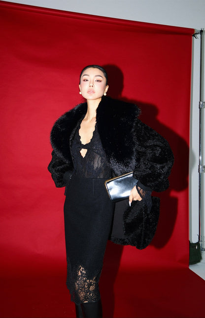 MEI SANGUAN black fur collar cocoon-type mid-length jacket - ADRIAN