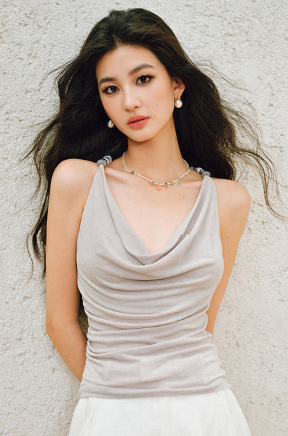 WANGXO | Elegant Swing Neckline Pleated Waist Beaded Camisole Top- SENA