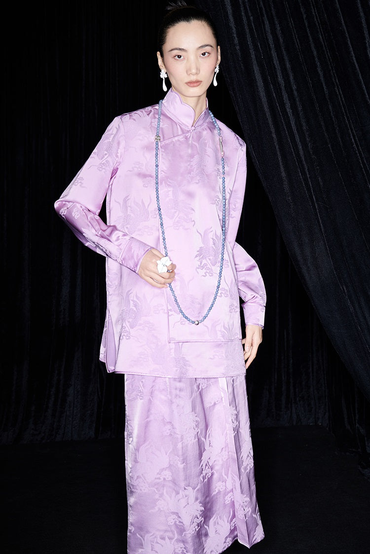 M essential Mackay designer label hibiscus jacquard side collar shirt set - THEO.