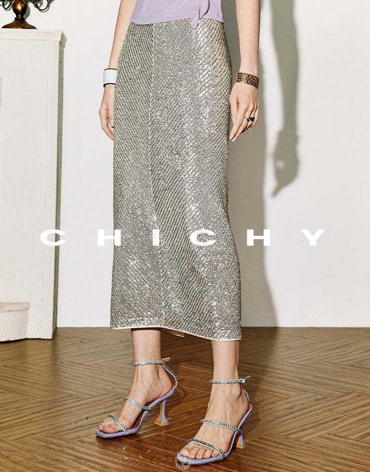 CHICHY temperament velvet sequin black A-line straight skirt -TRACY