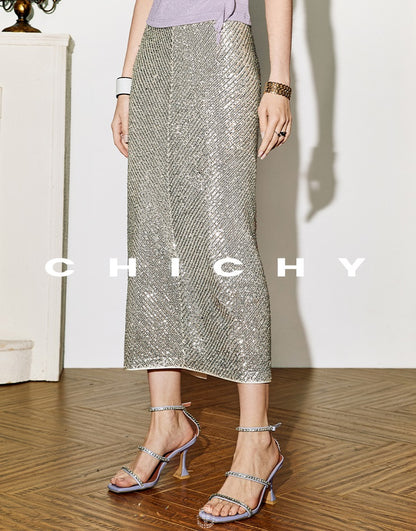 CHICHY temperament velvet sequin black A-line straight skirt -TRACY