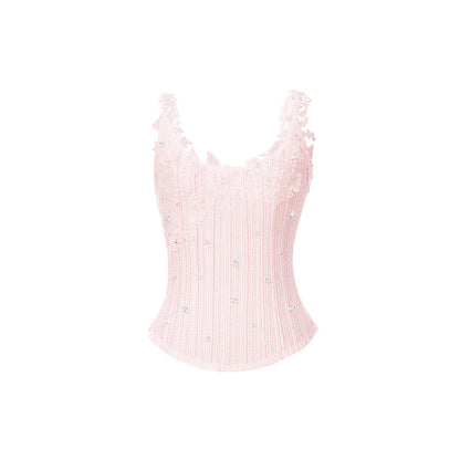 FAME lace-style spliced knitted vest suspender underwear top - PRECIOUS