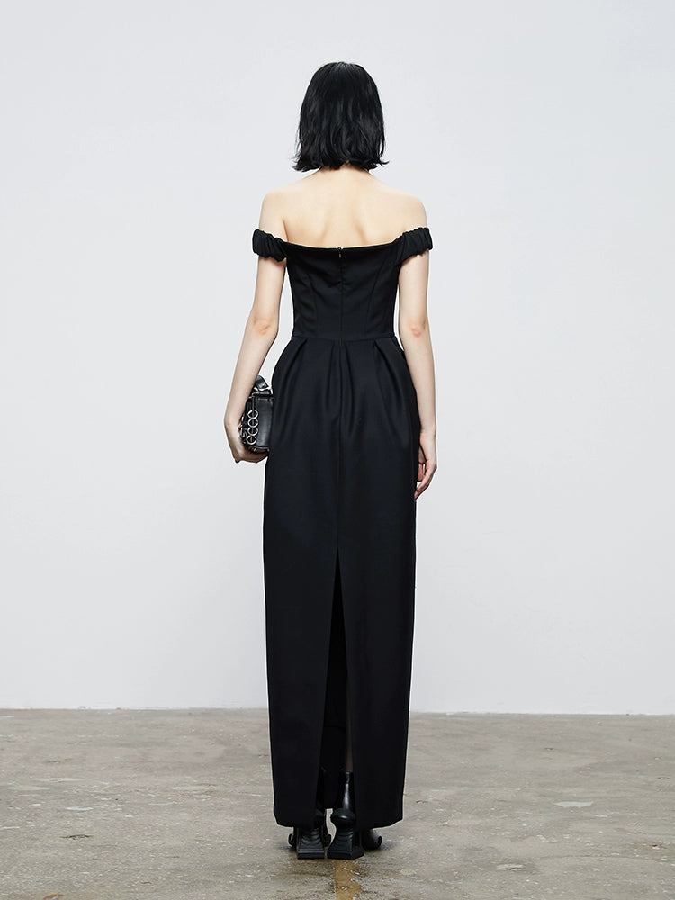 ANNAKIKI Niche Party Red Carpet Black V-Neck Bandeau Dress-CHAPELLE