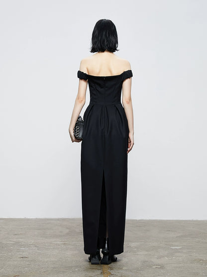 ANNAKIKI Niche Party Red Carpet Black V-Neck Bandeau Dress-CHAPELLE
