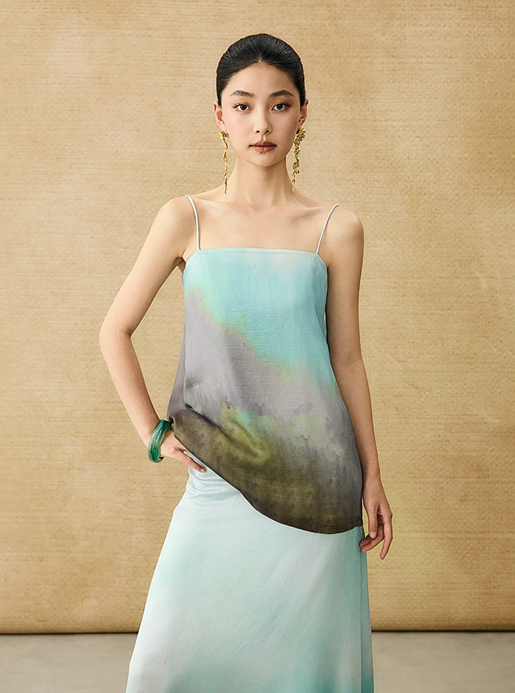 HECO Chinese Style Smudge Human Silk Camisole Cool and Breathable Seaside T - PALM.