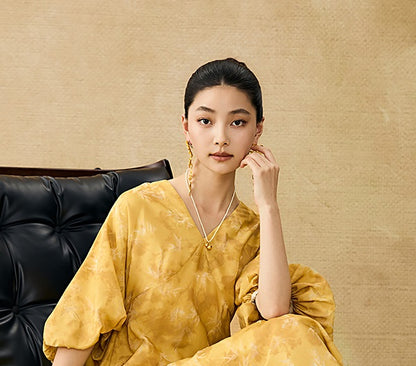 HECO Chinese V-Neck Waist Summer Elegant Floral Stitched Mesh dress - TULIP .