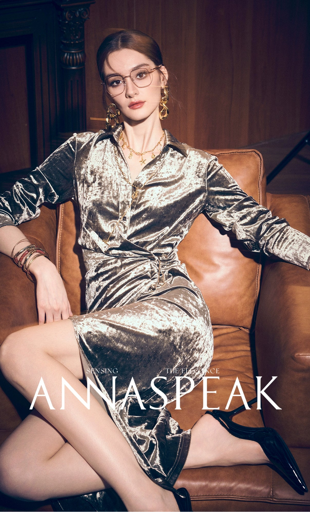 ANNASPEAK  modern elegant ice flower stretch gold diamond velvet dress-MAKS.