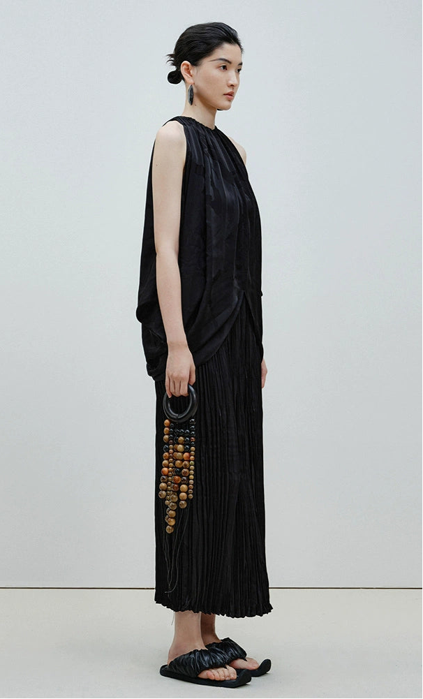 ZHUCHONGYUN  Black Jacquard Drawstring Lace-up Sleeveless Top-CHUG.