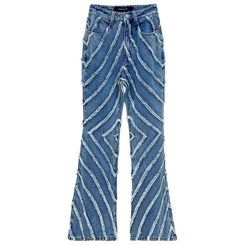 ANNAKIKI fractal shooting star raw edge denim bell bottoms-YAMEN.