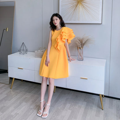 DOLLY Luxury Retro Style Crew Neck One Shoulder Ruffle Sleeves Midi Office Dress-CLAUDI