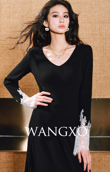 WANGXO | Merino wool eyelash lace french knitting top and skirt set -MILA.