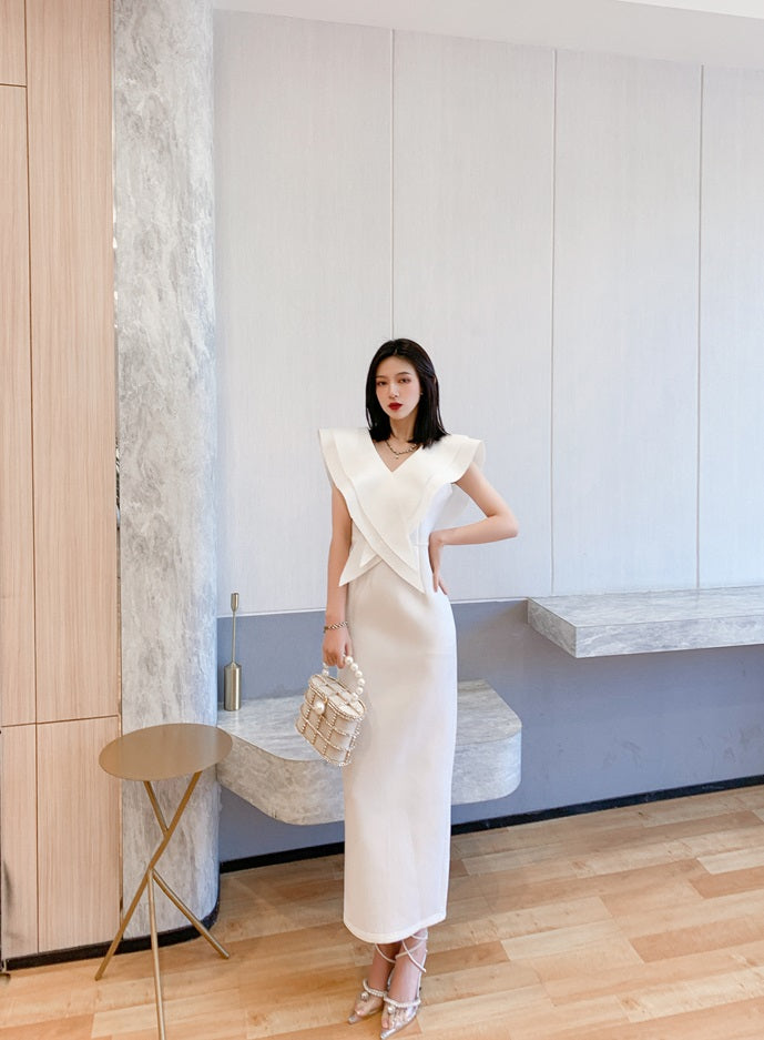 DOLLY Elegant White V-Neck Flying Ruffle Sleeve Slim Fit Long Goddess Dress-CLAUDIA