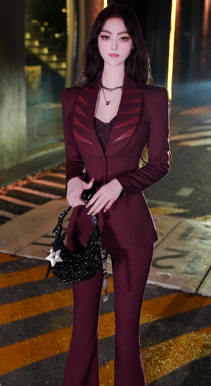 VJE  Burgundy Spliced Small Pants Two-Piece Set  Suit - HANS?