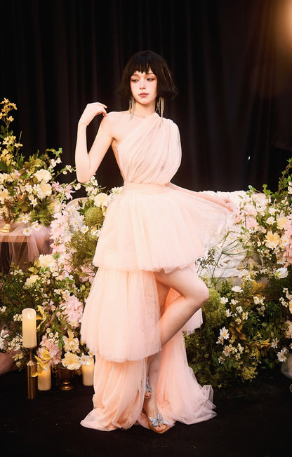 DOLLY Elegant Peach Mesh Off Shoulder Sleeveless High Waist Tutu Dress-MEDUSA  (V)