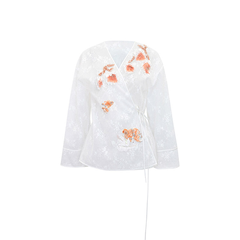 M essential Mackay designer label Quiet lace dahlia Thai lion goldfish studded Kimono Top - NICE.