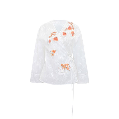 M essential Mackay designer label Quiet lace dahlia Thai lion goldfish studded Kimono Top - NICE.