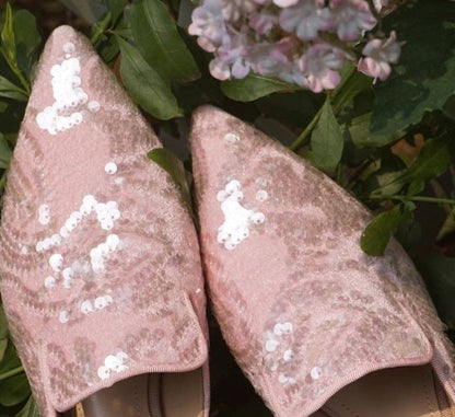B-FEI Niche Design New Chinese Pink Embroidered Flat Mules-JAQ.