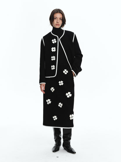SERRER White leather flower studded black wool coat - LIAM.