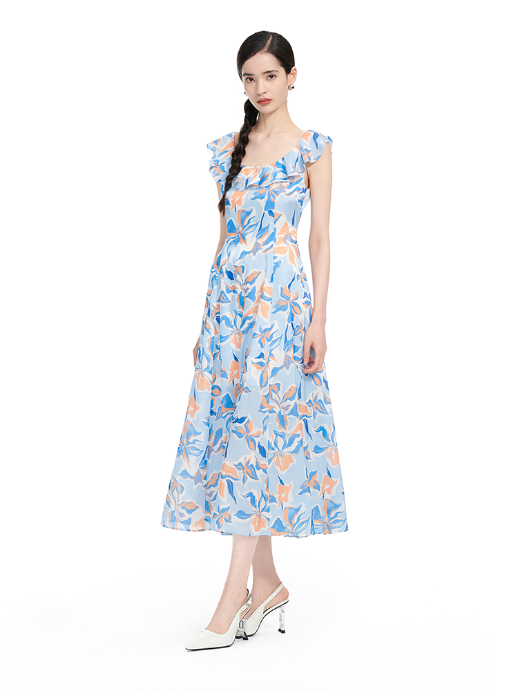YES BY YESIR | Ye Qians Streamer Yarn Print Dress with Ruffle Collar & Breezy Romance-EVELISE.