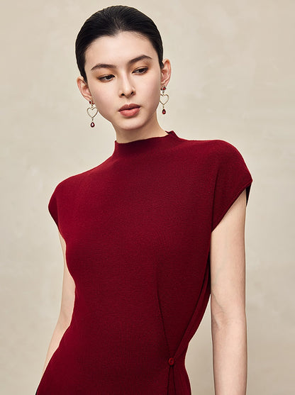 HECO Sleeveless Slim Mock Collar Red Black Gray Knit Top  - THRONE.