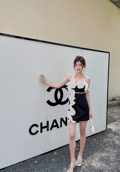 DOLLY Elegant Black Off Shoulder White Ruffle Tube Top Short Date Dress-JAJA