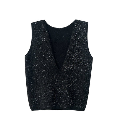 PIAOIN starry sequined V-neck knitted women's vest thermal knitted jacket-HERA