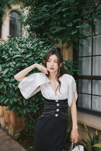 DOLLY Elegant Black and White Deep V-Neck Short Puff Sleeves Slim Fit Office Dress-ZOEY