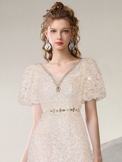 CHECOCRE summer new high-end fashion puff sleeve nail diamond dress - ROAR.