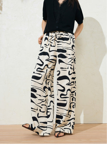 Sushe Neo-Bohemian Tencel linen print drawstring tie wide-leg slacks -JULIET
