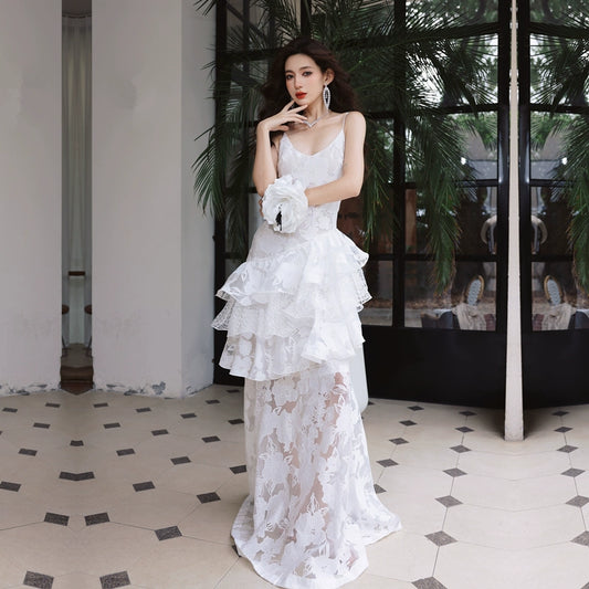 DOLLY Elegant White Flower Embroidery Lace Ruffle Layered Dinner Dress-DAISY  (V)