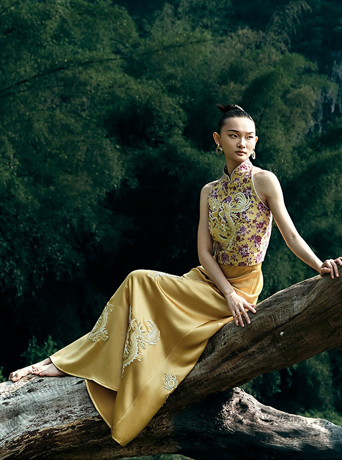 HECO Chinese Retro Style Embroidery Golden Dragon Stand-up Collar Vest Top  - QANT.