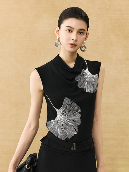 HECO Chinese Style Elegant Swing Neck Sleeveless Ginkgo Biloba Print T-Shirt - BOBA.